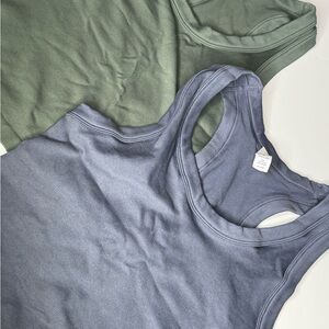 Ribbed slight crop racerback Tank Top - slate Blue and eucalyptus Green 2 for 1